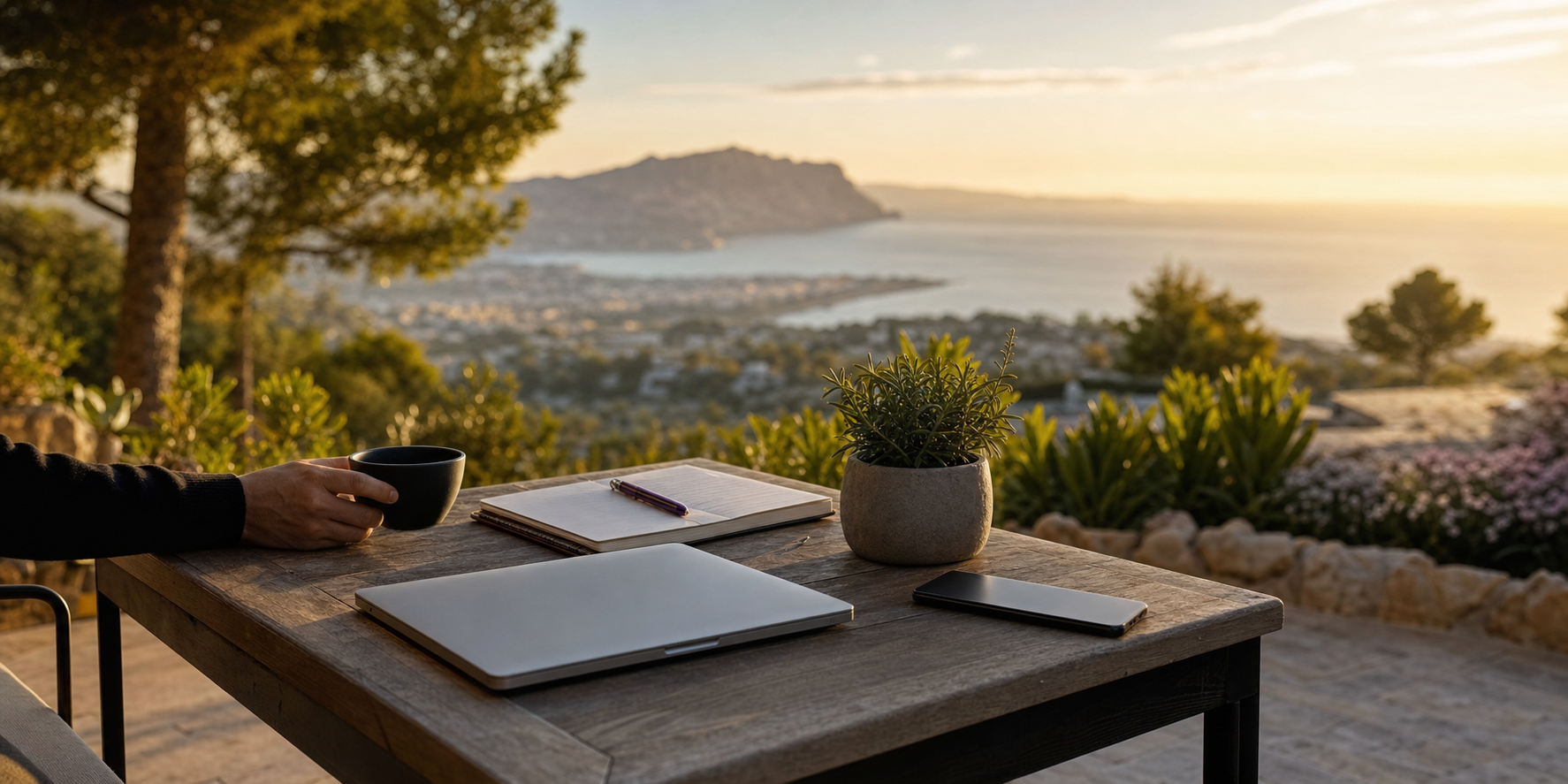 Quiet outdoor table with a closed laptop and Mediterranean view.