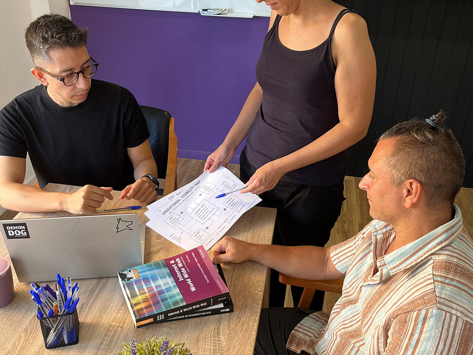 Three Demon Dog team members reviewing a printed document at the meeting table.