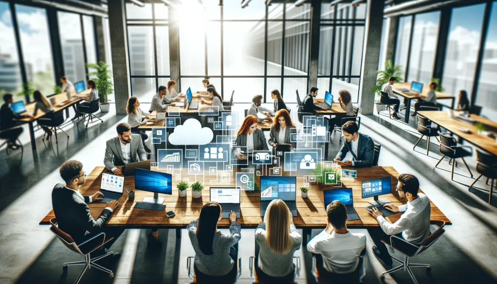 Equipo de jóvenes profesionales colaborando activamente utilizando herramientas digitales en un ambiente de oficina innovador.