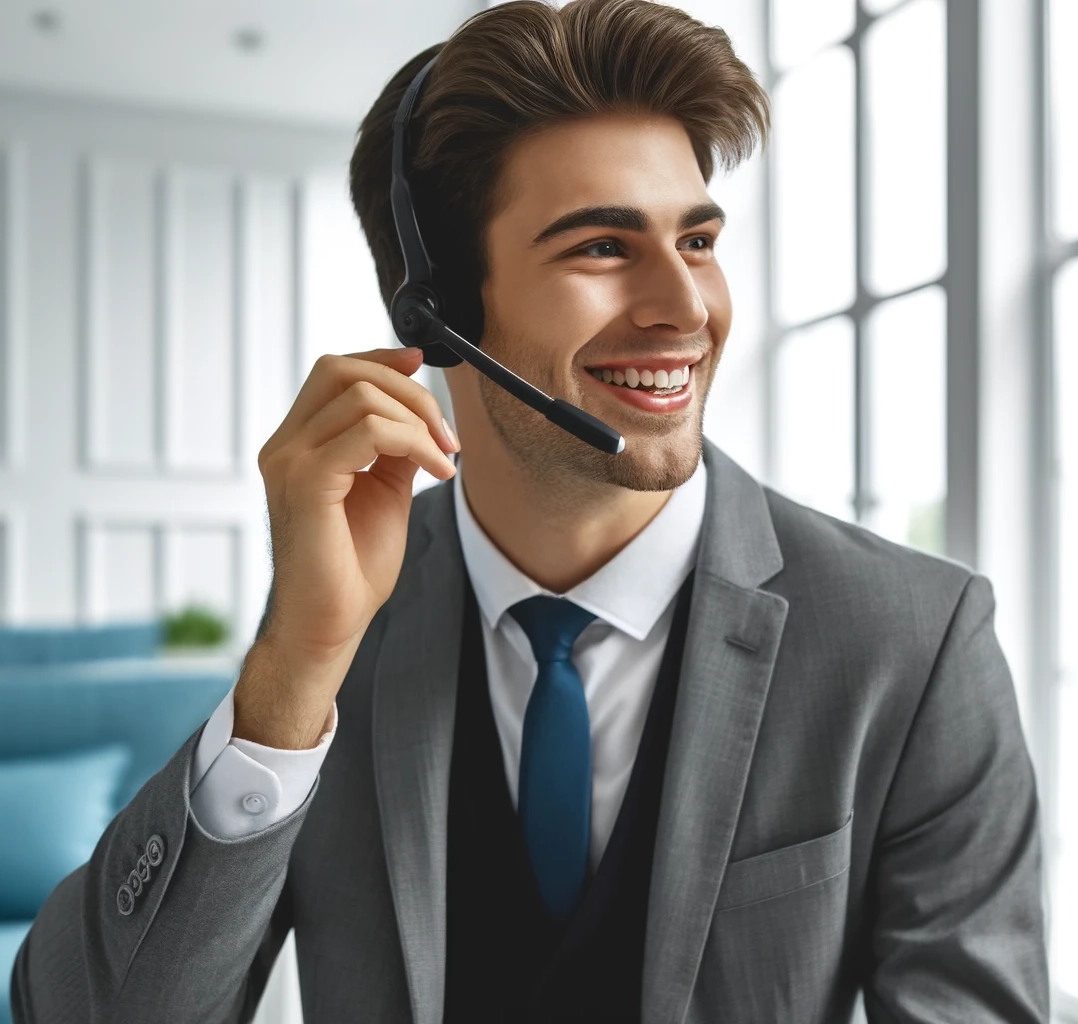 Un joven en traje con auricular hablando por teléfono, mostrando energía y felicidad en su trabajo de atención al cliente.
